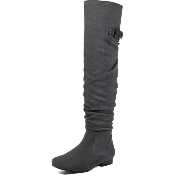 Women's Grey Suede Over The Knee Thigh High Comfortable Low Heel Winter Boots - Picture 1 of 6